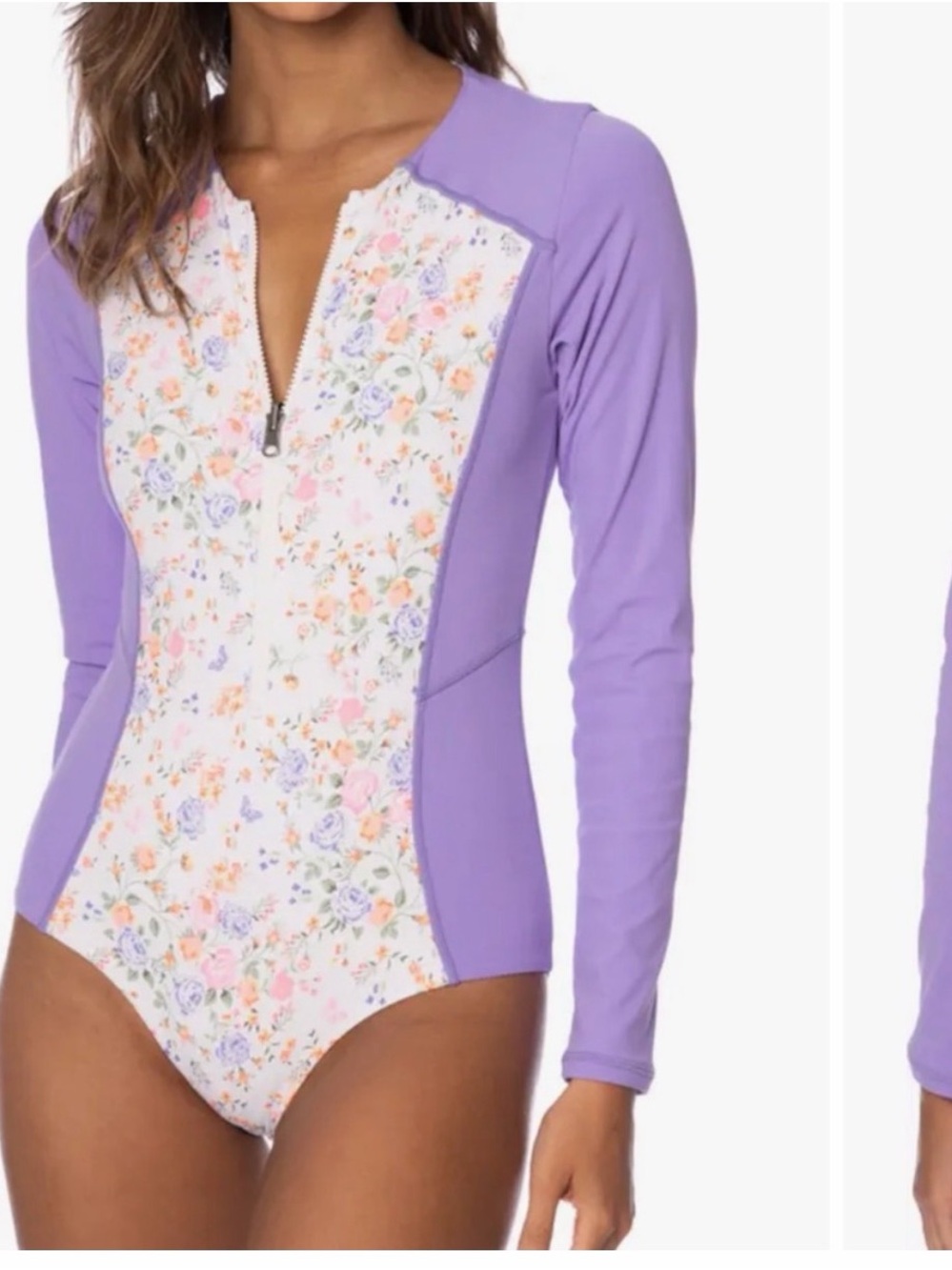 Maaji Lavender and White Floral Long-Sleeve One-Piece Swimsuit with Front Zip
